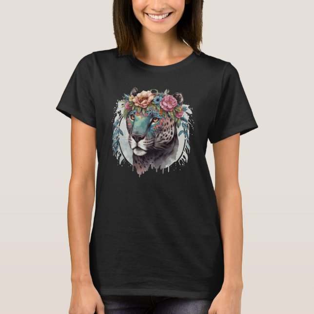Cute Jaguar Flower Crown Africa Safari Animal T-Shirt (Front)