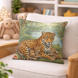 Cute Jaguar Mama And Cubs Jungle Animals  Cushion