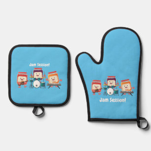 Cute jam session cartoon musician humour oven mitt & pot holder set
