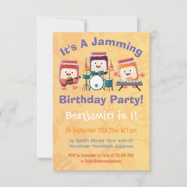 Cute jam session musician cartoon birthday invitation (Front)