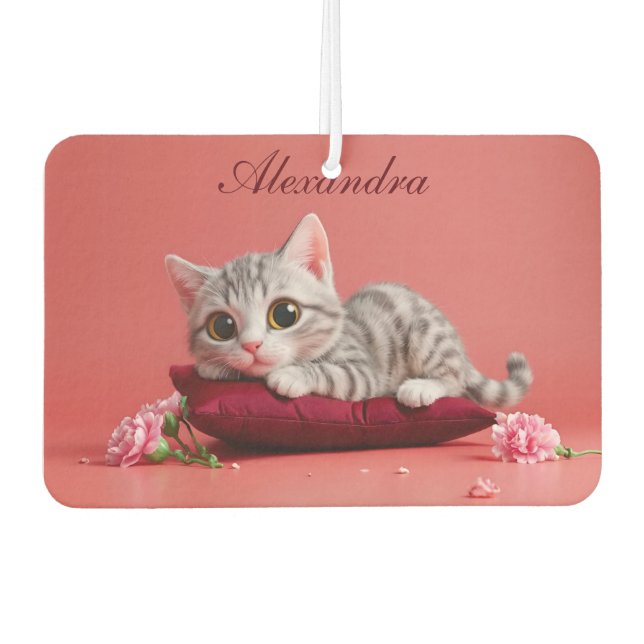 Cute January Cat with Carnations Car Air Freshener (Front)