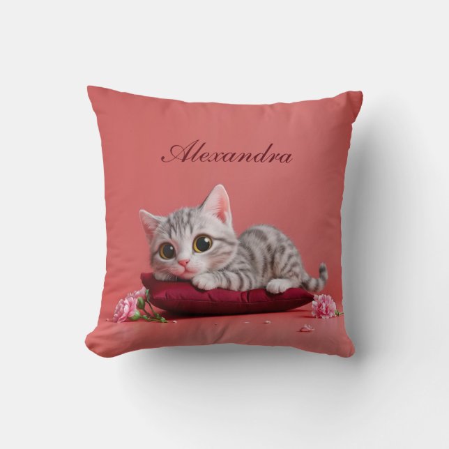 Cute January Cat with Carnations Cushion (Front)
