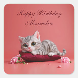 Cute January Cat with Carnations Square Sticker