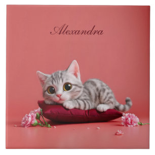 Cute January Cat with Carnations Tile