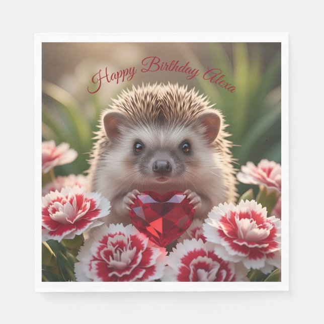 Cute January Hedgehog with Garnet Heart Napkin (Front)