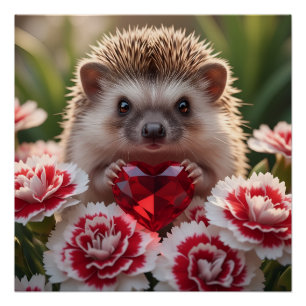 Cute January Hedgehog with Garnet Heart Poster