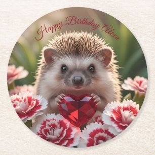 Cute January Hedgehog with Garnet Heart Round Paper Coaster