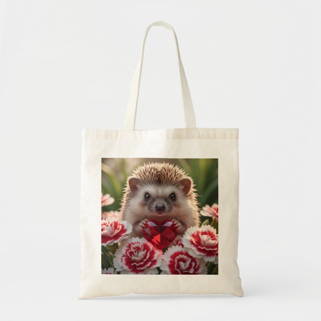 Cute January Hedgehog with Garnet Heart Tote Bag (Front)