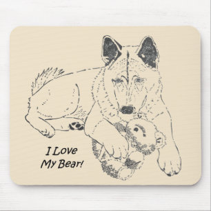 Cute Japanese akita with teddy bear drawing art Mouse Mat