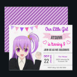 Cute Japanese Anime Girl Birthday Party Invitation<br><div class="desc">Amaze your guests with this cute birthday party invitation featuring an adorable little Japanese girl against a white background. Simply add your event details on this easy-to-use template to make it a one-of-a-kind invitation. Flip the card over to reveal a purple and white stripes pattern on the back of the...</div>
