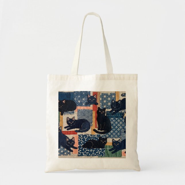 Cute Japanese Black Cats Patchwork Tote Bag (Front)
