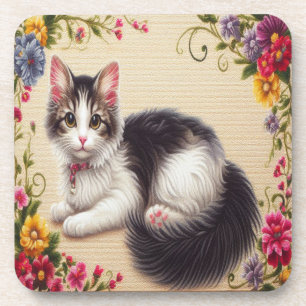 Cute Japanese Bobtail Cat Colourful Flowers Border Coaster