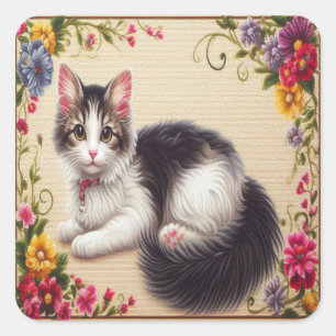 Cute Japanese Bobtail Cat Colourful Flowers Border Square Sticker