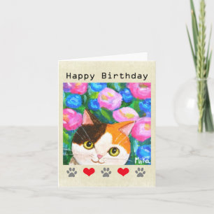 Cute Japanese Calico MiKe Neko Lucky Cat Birthday  Card