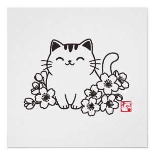 Cute Japanese Cat and Sakura with "Neko" Stamp Poster