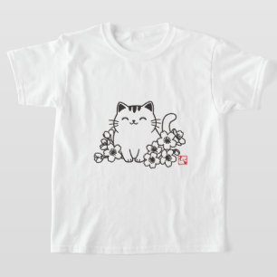 Cute Japanese Cat and Sakura with "Neko" Stamp T-Shirt
