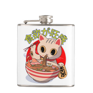 Cute Japanese Cat Eating Noodles with Chopsticks Hip Flask
