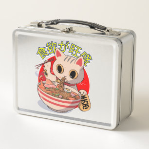 Cute Japanese Cat Eating Noodles with Chopsticks Metal Lunch Box
