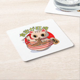 Cute Japanese Cat Eating Noodles with Chopsticks Square Paper Coaster