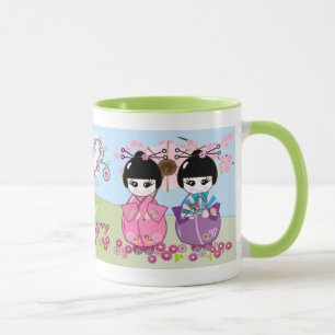 Cute Japanese dolls, cherry blossoms mug with text