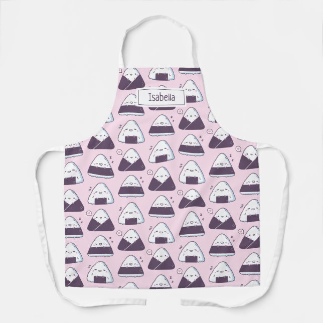 Cute Japanese Food Onigiri Rice Balls Pattern Pink Apron (Front)