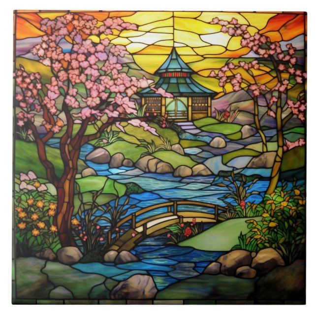 cute Japanese Garden faux stained glass  Tile (Front)