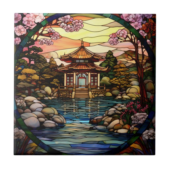 cute Japanese Garden faux stained glass Tile (Front)