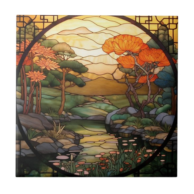 cute Japanese Garden faux stained glass  Tile (Front)
