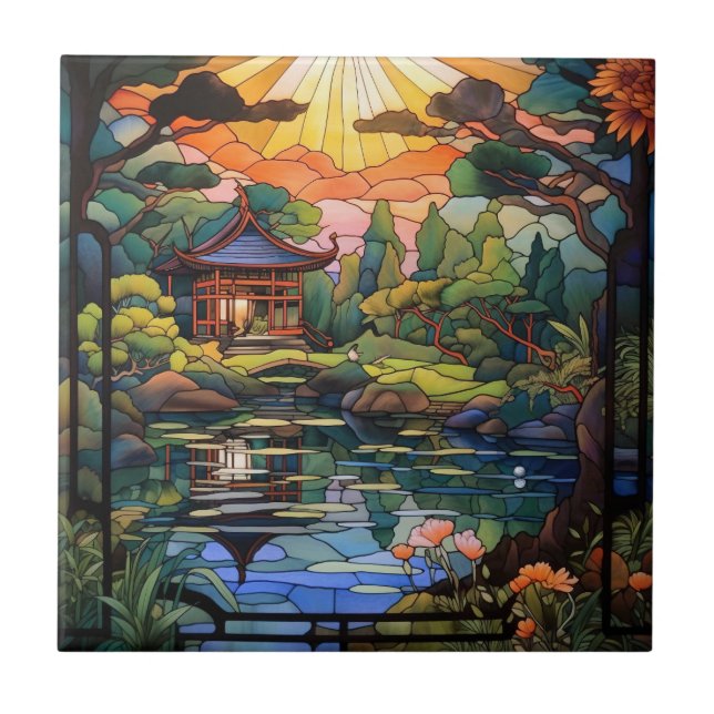 cute Japanese Garden faux stained glass Tile (Front)