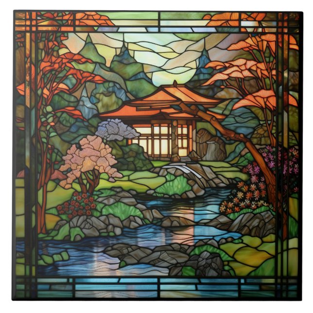 cute Japanese Garden faux stained glass  Tile (Front)