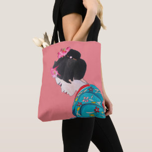 Cute Japanese Geisha art with pink cherry blossom Tote Bag