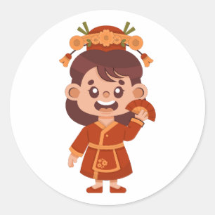 Cute Japanese Geisha Girl Folding Fan Kimono Stick Classic Round Sticker