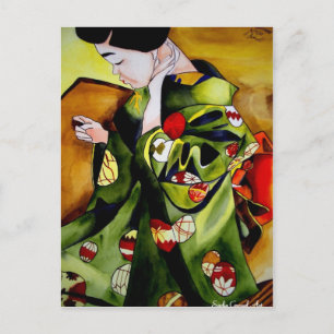 Cute Japanese Geisha original watercolor art Postcard