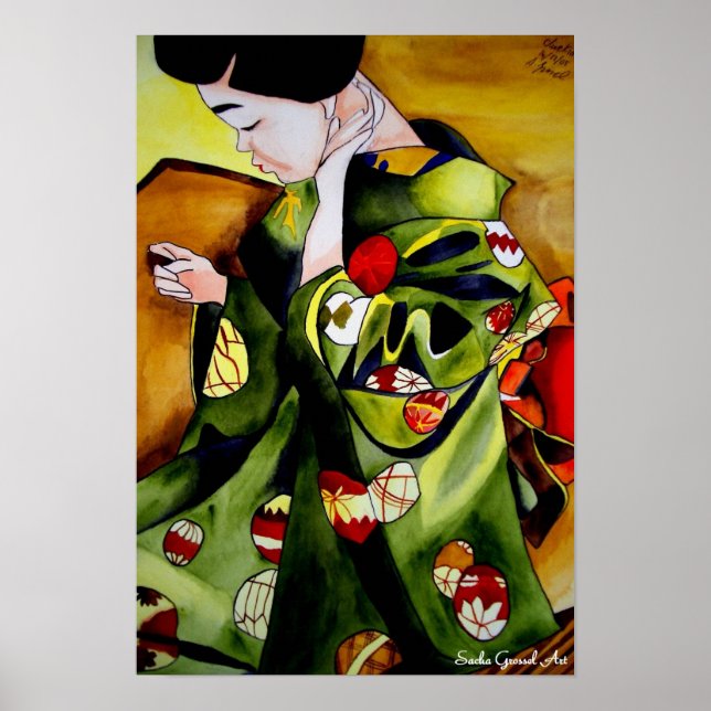 Cute Japanese Geisha original watercolor art Poster (Front)