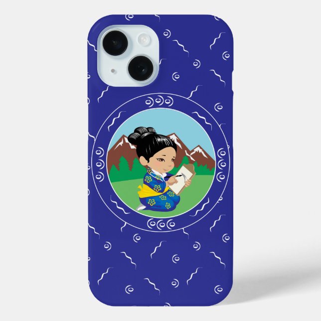 Cute Japanese Girl Painting Landscape Blue Case-Mate iPhone Case (Back)