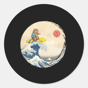 Cute Japanese Great Wave Kanagawa Surfing Capyra  Classic Round Sticker