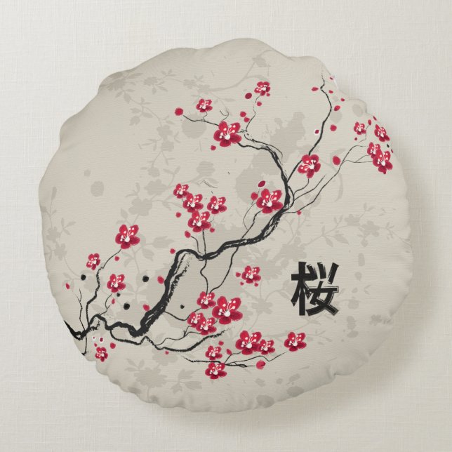 Cute japanese inspired sakura cherry blossom round cushion (Back)