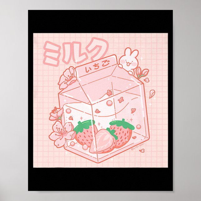 Cute Japanese Kawaii Anime Aesthetic Pink Strawber Poster (Front)
