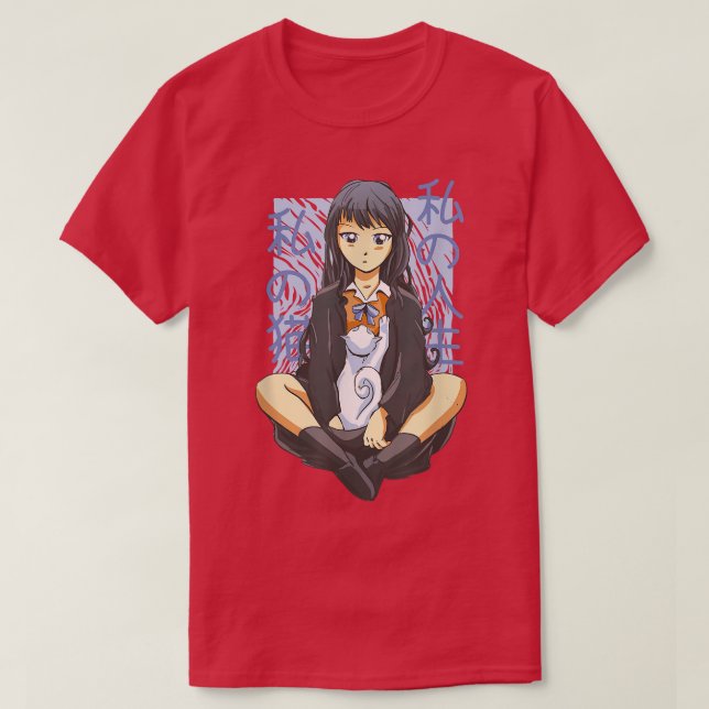 Cute Japanese Kawaii Anime Girl Sitting with Neko  T-Shirt (Design Front)