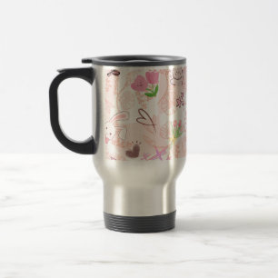Cute Japanese Kawaii Bunny and Pink Gingham Checke Travel Mug