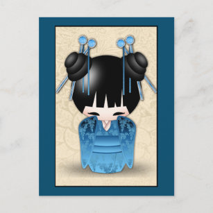 Cute Japanese Kokeshi Doll Dressed In Blue Postcard