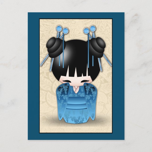 Cute Japanese Kokeshi Doll Dressed In Blue Postcard (Front)