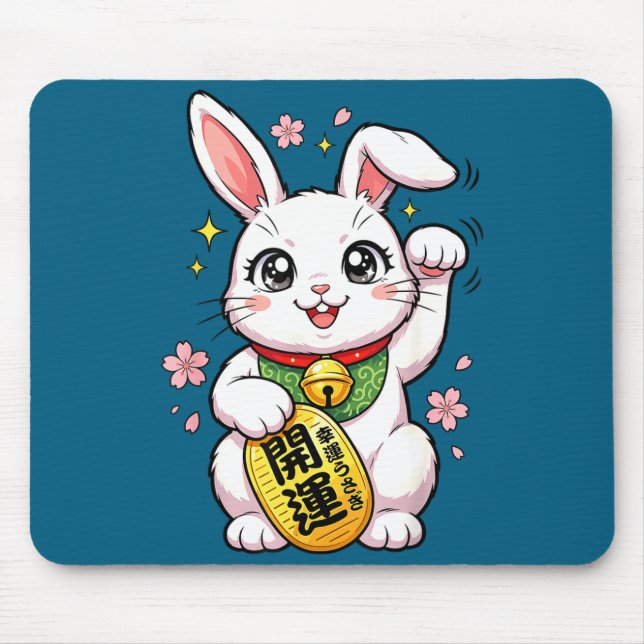 Cute Japanese Lucky Rabbit Maneki Neko Mouse Mat (Front)