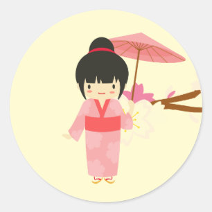 Cute Japanese pink Cherry Blossom Geisha Classic Round Sticker
