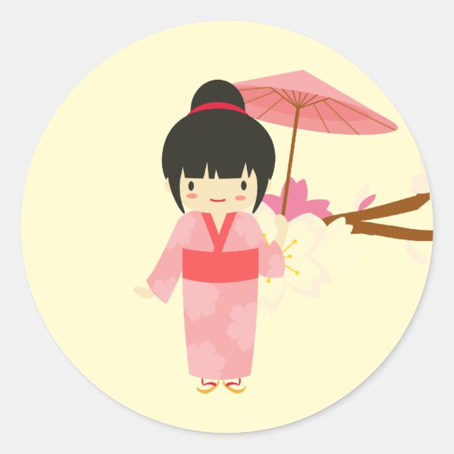 Cute Japanese pink Cherry Blossom Geisha Classic Round Sticker (Front)