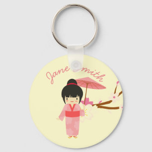 Cute Japanese pink Cherry Blossom Geisha Key Ring