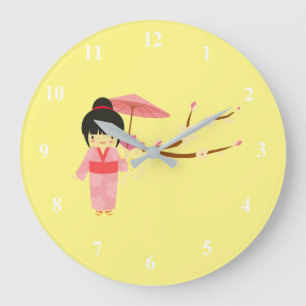 Cute Japanese pink Cherry Blossom Geisha Large Clock
