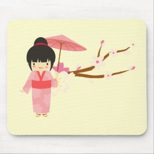 Cute Japanese pink Cherry Blossom Geisha Mouse Mat