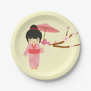 Cute Japanese pink Cherry Blossom Geisha Paper Plate