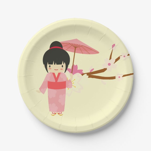Cute Japanese pink Cherry Blossom Geisha Paper Plate (Front)